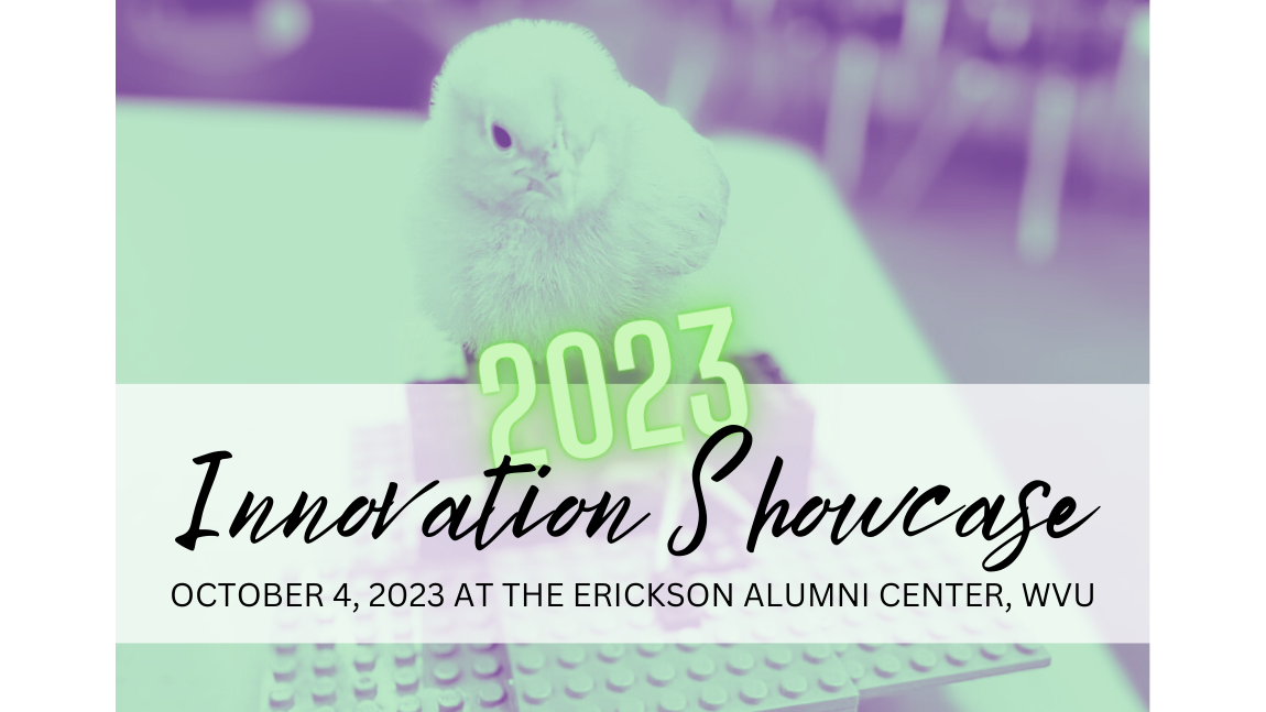 Graphic for the 2023 IU Innovation Showcase, featuring a baby chick standing on a LEGO creation