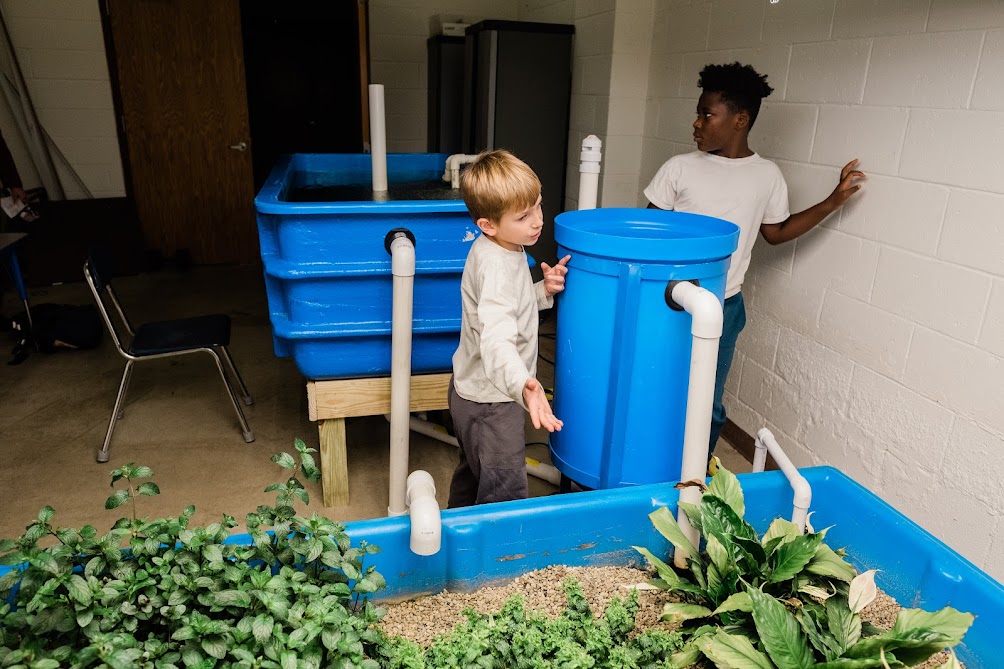 Students managing the aquaponics setup at California Area School District as part of their Moonshot grant project