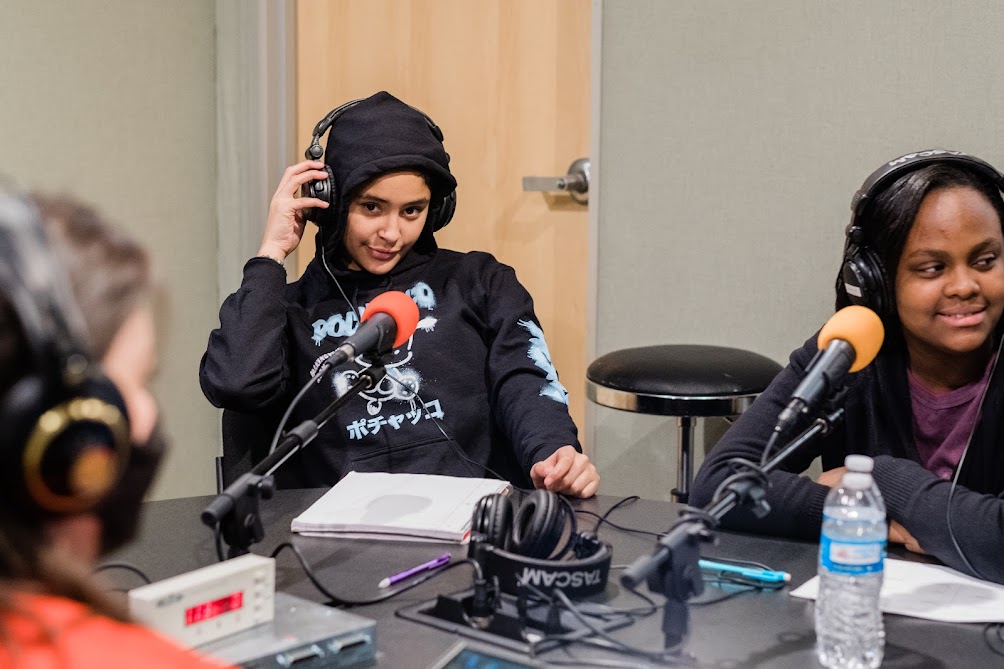 Manchester Academic Charter School students recording a podcast a SLB Radio Productions as part of their Moonshot grant project