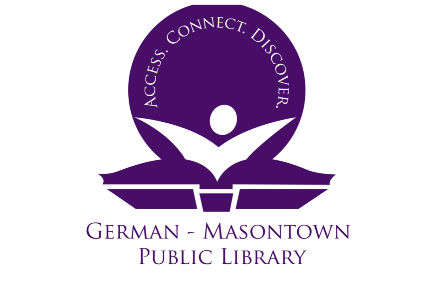 German-Masontown Public Library logo with stick figure of child in front of purple book. Purple circle that says Access, Connect, Discover behind it.