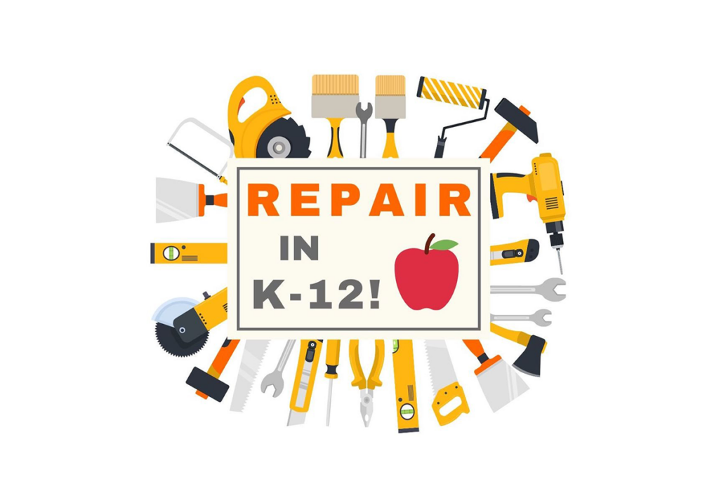 "Repair in K-12" next to a drawing of an apple, surrounded by illustrations of various construction and maker learning tools
