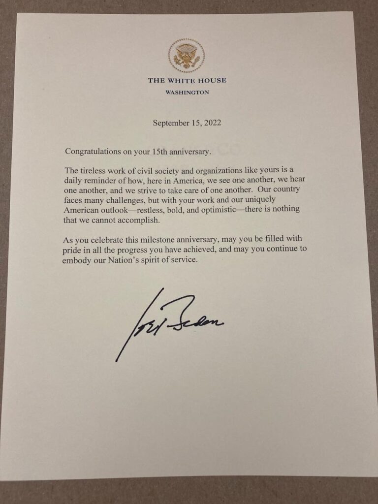 A piece of paper containing a letter signed by President Biden congratulating Remake Learning on its 15th anniversary