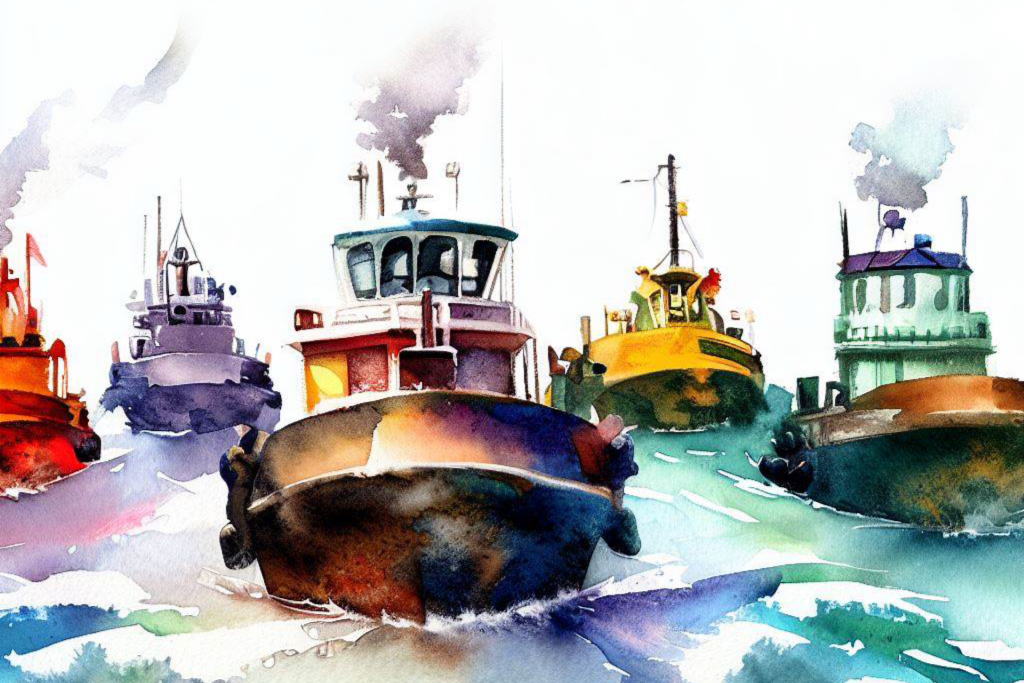 An illustration of a fleet of tugboats.