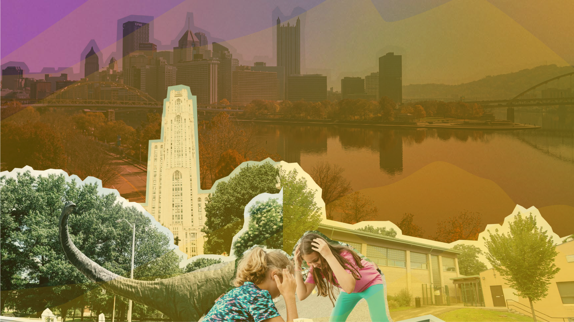 A collage of images the city of Pittsburgh with two children playing in the foreground.