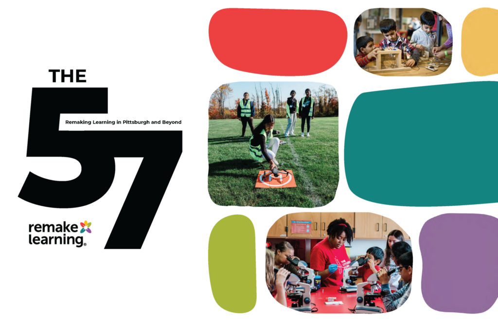 The cover of a booklet titled "The 57." The cover features a selection of photos of students and teachers learning.