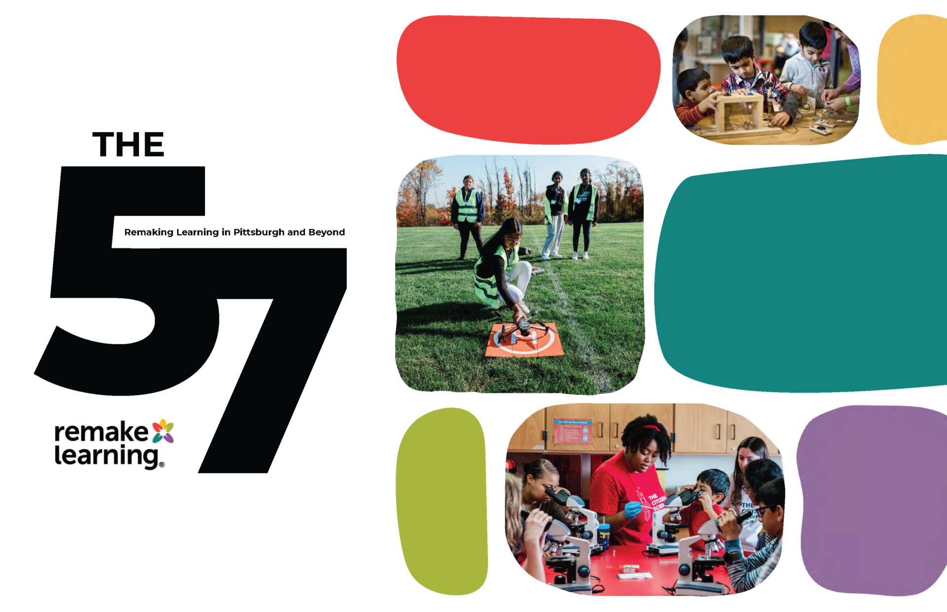 The cover of a booklet titled "The 57." The cover features a selection of photos of students and teachers learning.